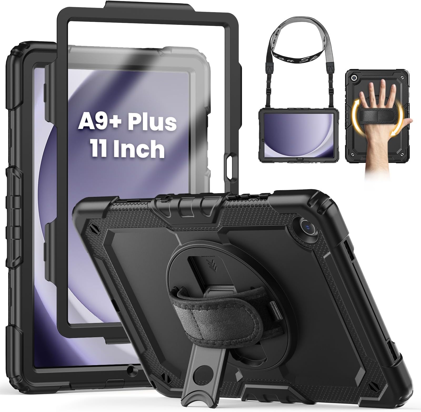 SEYMCY Case for Samsung Galaxy Tab A9+/ A9 Plus 11 Inch, Full Body Shockproof with Screen Protector, 360° Rotating Hand Strap & Stand, Shoulder Strap for Samsung A9 Plus Tablet Case, Black