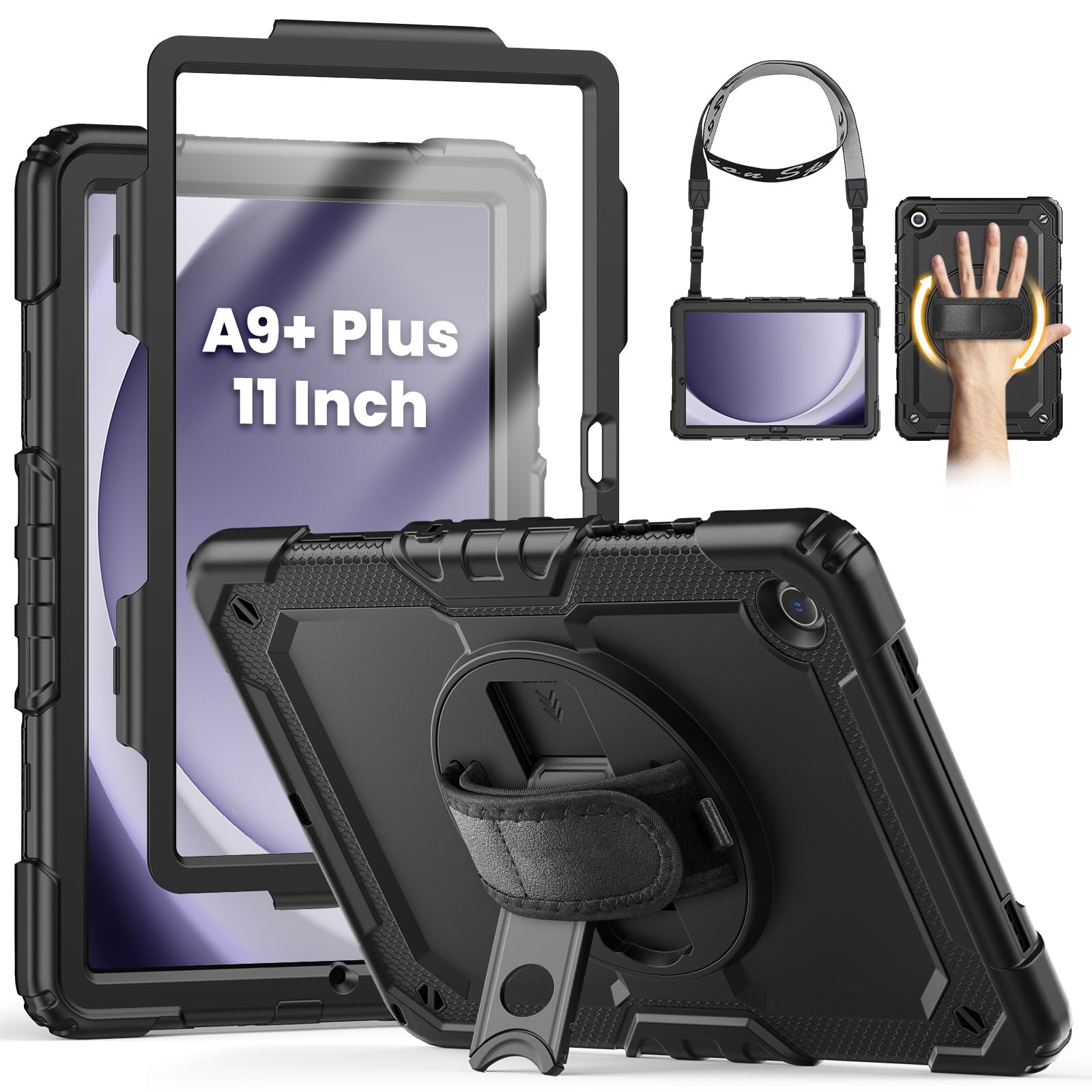 SEYMCY Case for Samsung Galaxy Tab A9+/ A9 Plus 11 Inch, Full Body Shockproof with Screen Protector, 360° Rotating Hand Strap & Stand, Shoulder Strap for Samsung A9 Plus Tablet Case, Black