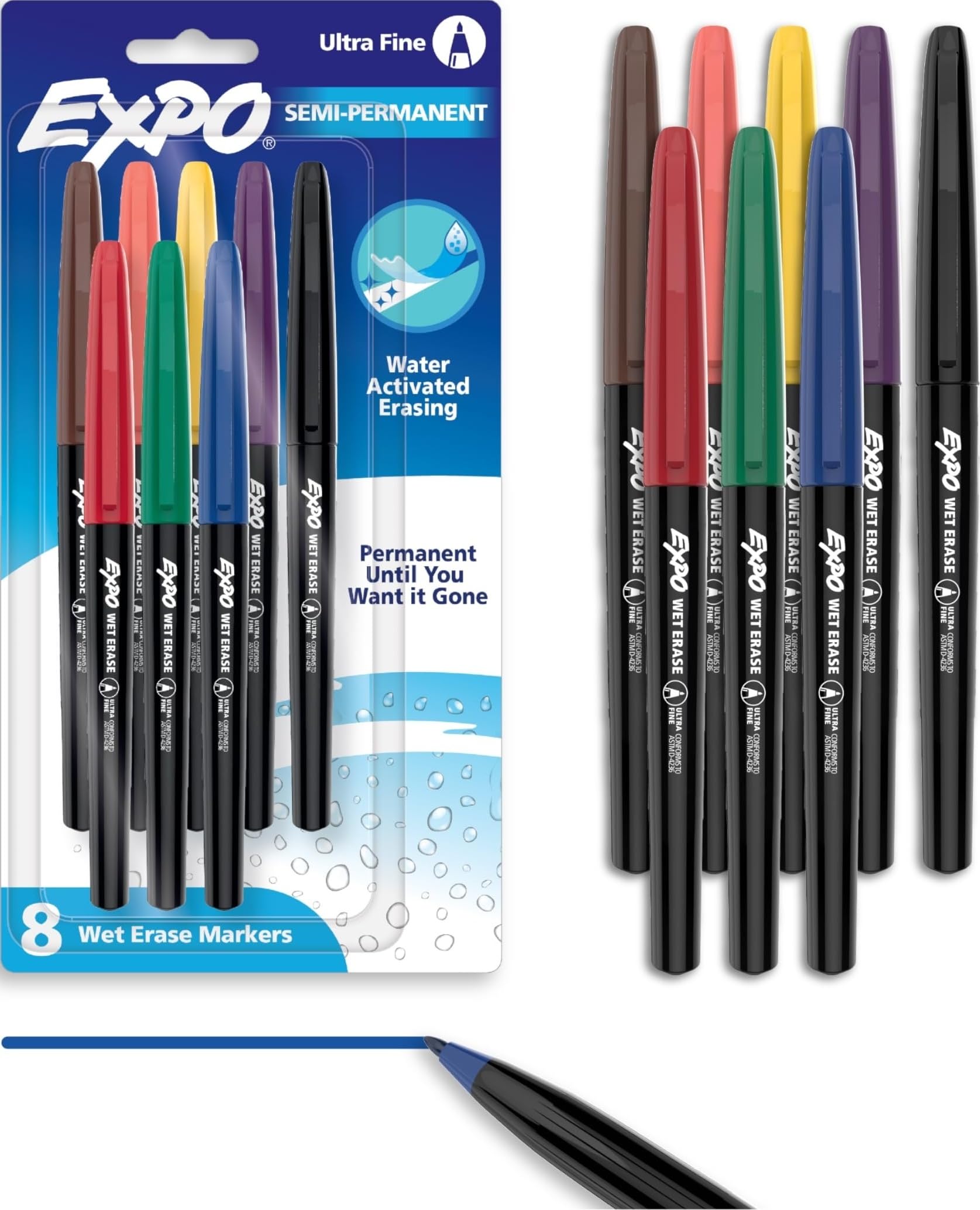 EXPO Vis-a-Vis Wet Erase Markers, Semi-Permanent, Assorted Colors, Ultra Fine Tip, For Writing on Glass, Whiteboards, Mirrors, Calendar, Labeling, Organizing, 8 Count (Pack of 12)