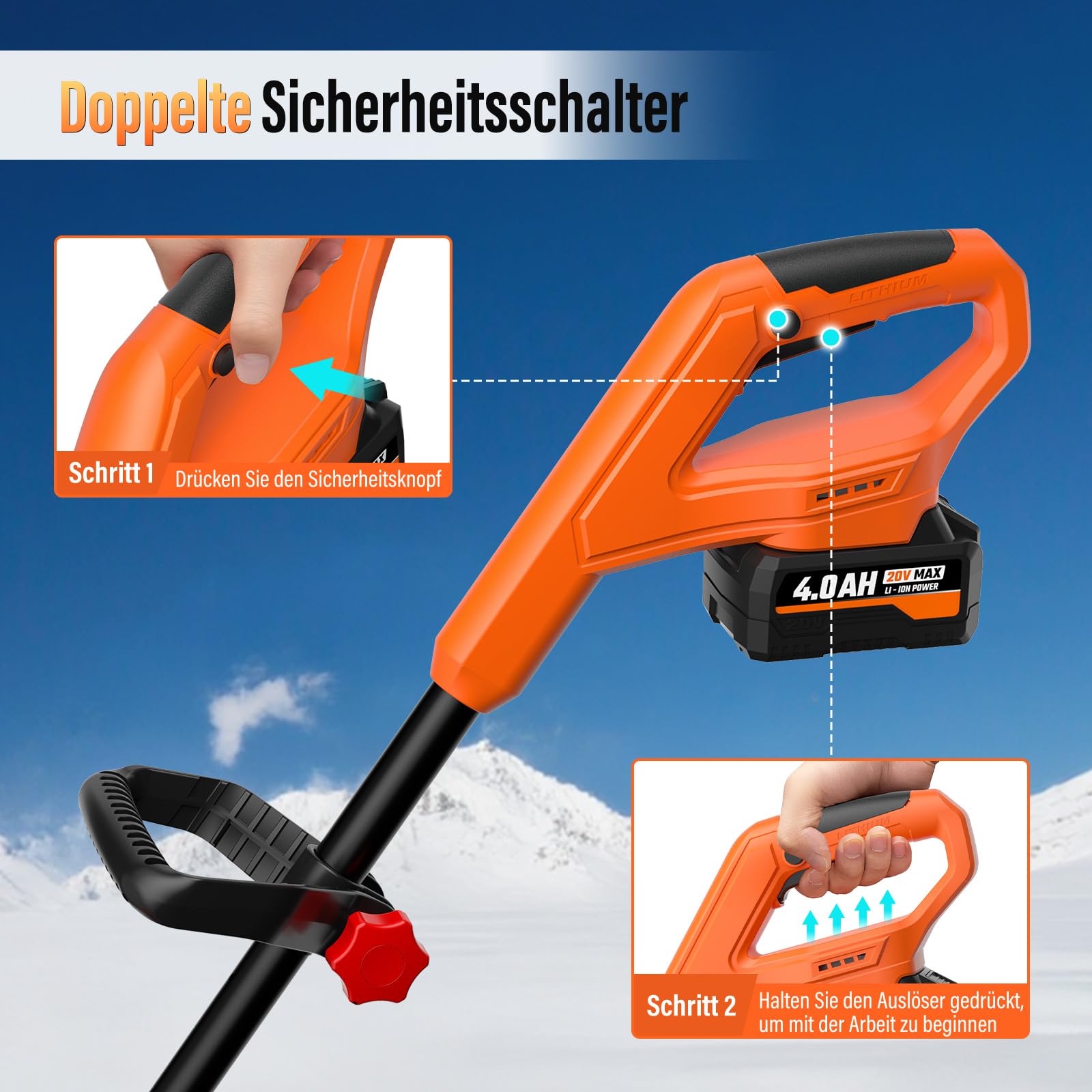 Akku Schneefräse,elektrische Schneefräse Akku 2× 4.0Ah mit Ladegerät,Ultra-leicht nur 3,4 kg,Arbeitsbreite 25 cm, maxSchneehöhe 15 cm,bis 3m Auswurf für Gehwege,Einfahrten