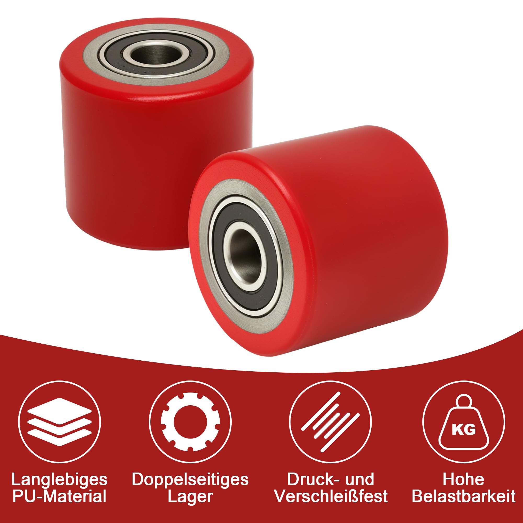 Hubwagen Rollen 80 x 70 mm Laufrollen mit Kugellager PU-Rollen für Hubwagen Ersatzrollen (4, Rot)