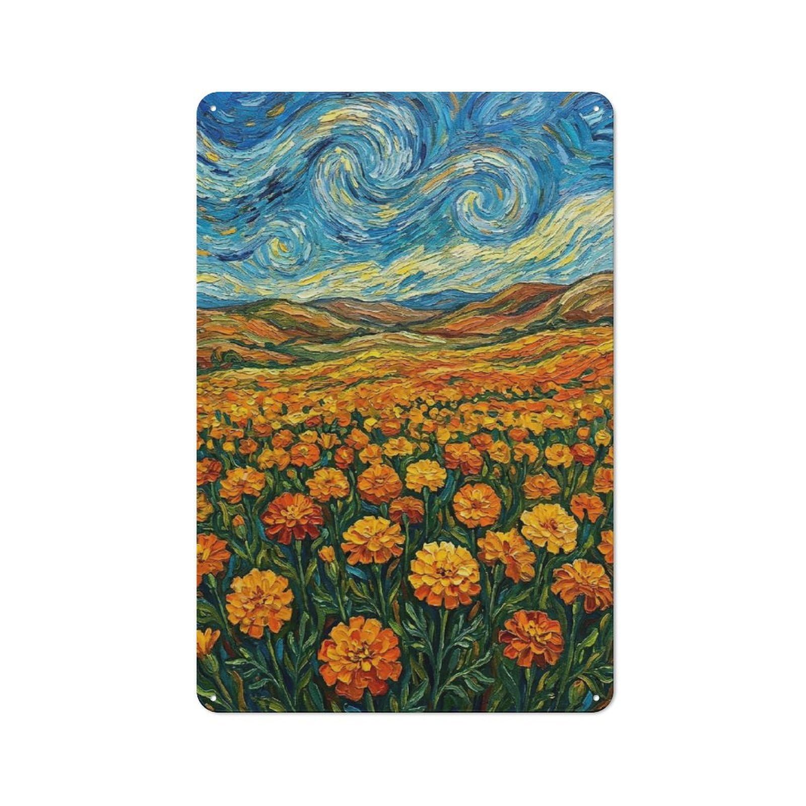 Junmoney Style-4 Marigold Field Impressionist Painting Vintage Tin Sign 30X20cm For Garage Wall, For Everyday Room Decor With A Vintage Look