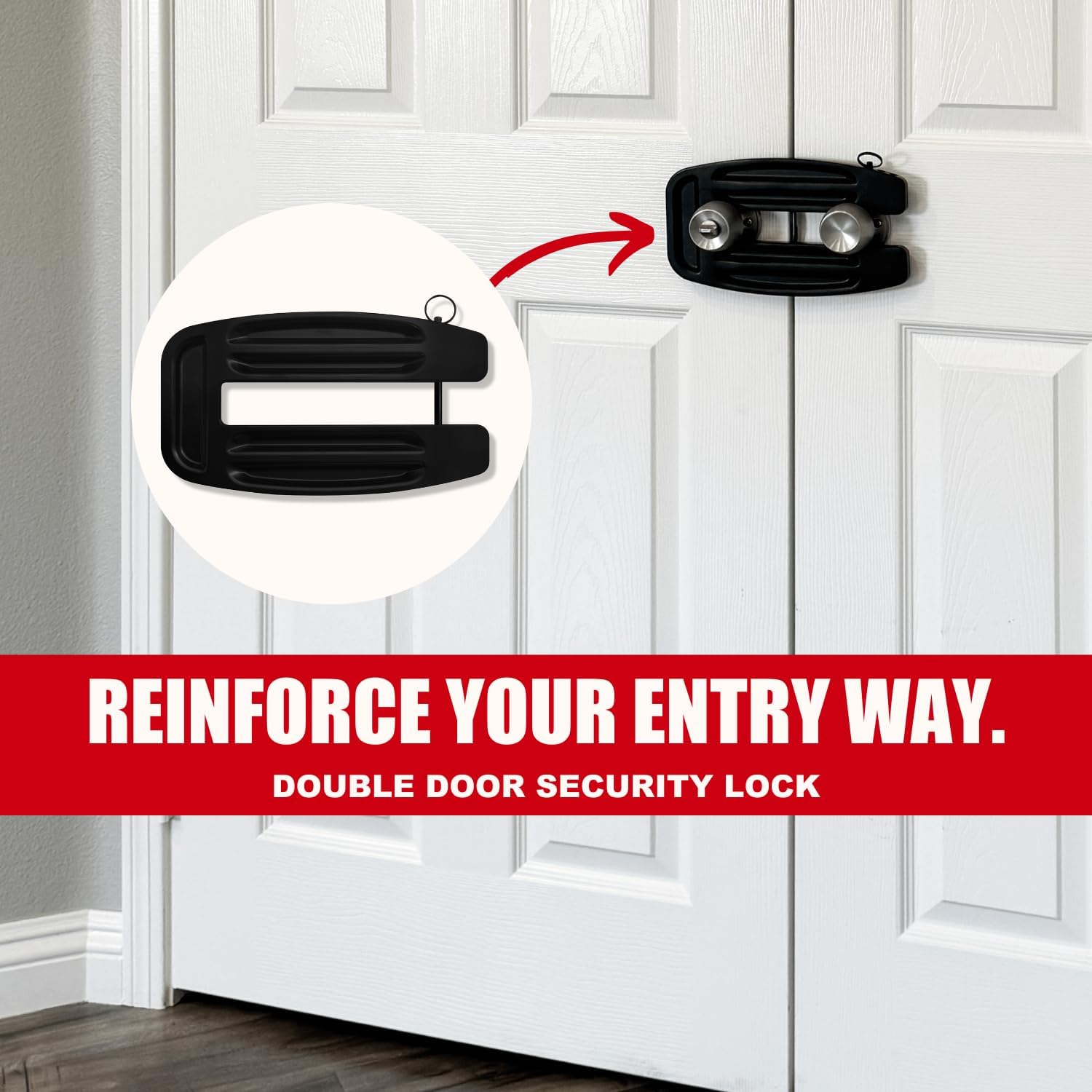SecurityMan Double Door Lock - Solid 1/2" Unibody Aluminum Construction to Prevent Kick Ins - Adjustable Double Door Security Lock for French Doors Home Security