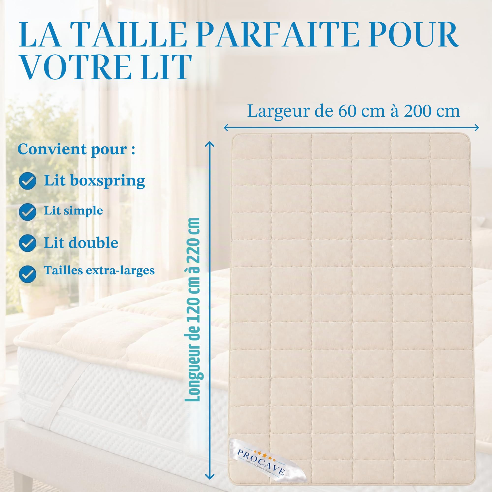 PROCAVE sur-Matelas en Laine Vierge, protège-Matelas Respirant, Housse pour Matelas doté de 4 Coins élastiqués, alèse 160x200 cm