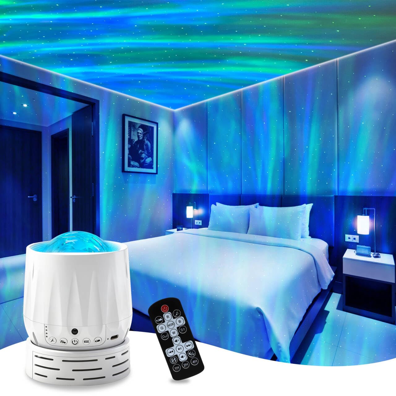 Galaxy Projector with Bluetooth Speaker and 8 White Noise Settings Star Projector with Remote Control and Timer Function 4 Aurora Color Combinations Suitable for Living Rooms, Bedrooms, and More