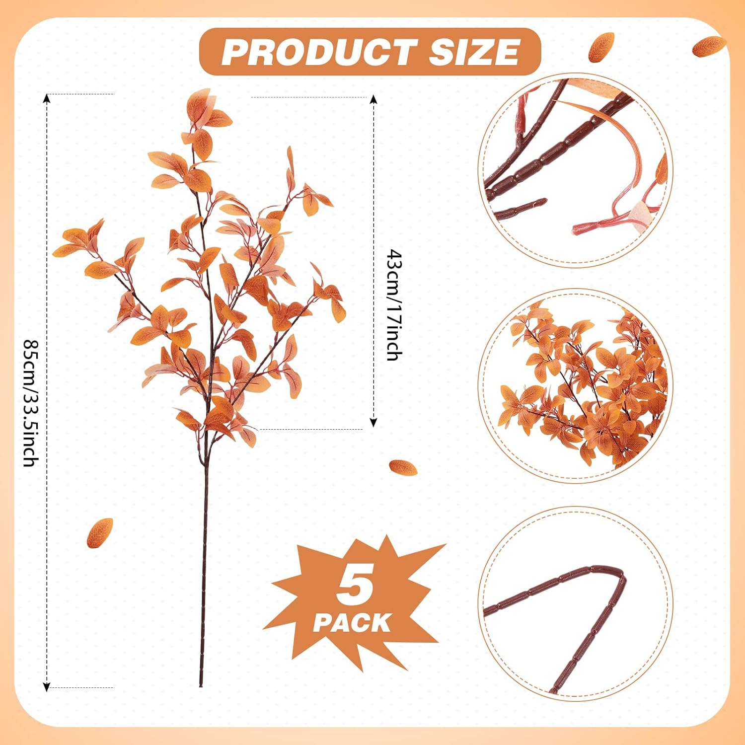 Janinka 5 Pcs Artificial Fall Eucalyptus Leaves Stem 33.5" Fall Stems for Vases Autumn Eucalyptus Leaves for Mantel Farmhouse Thanksgiving Halloween Table Centerpiece Bathroom Decor (Brown) - Image 2