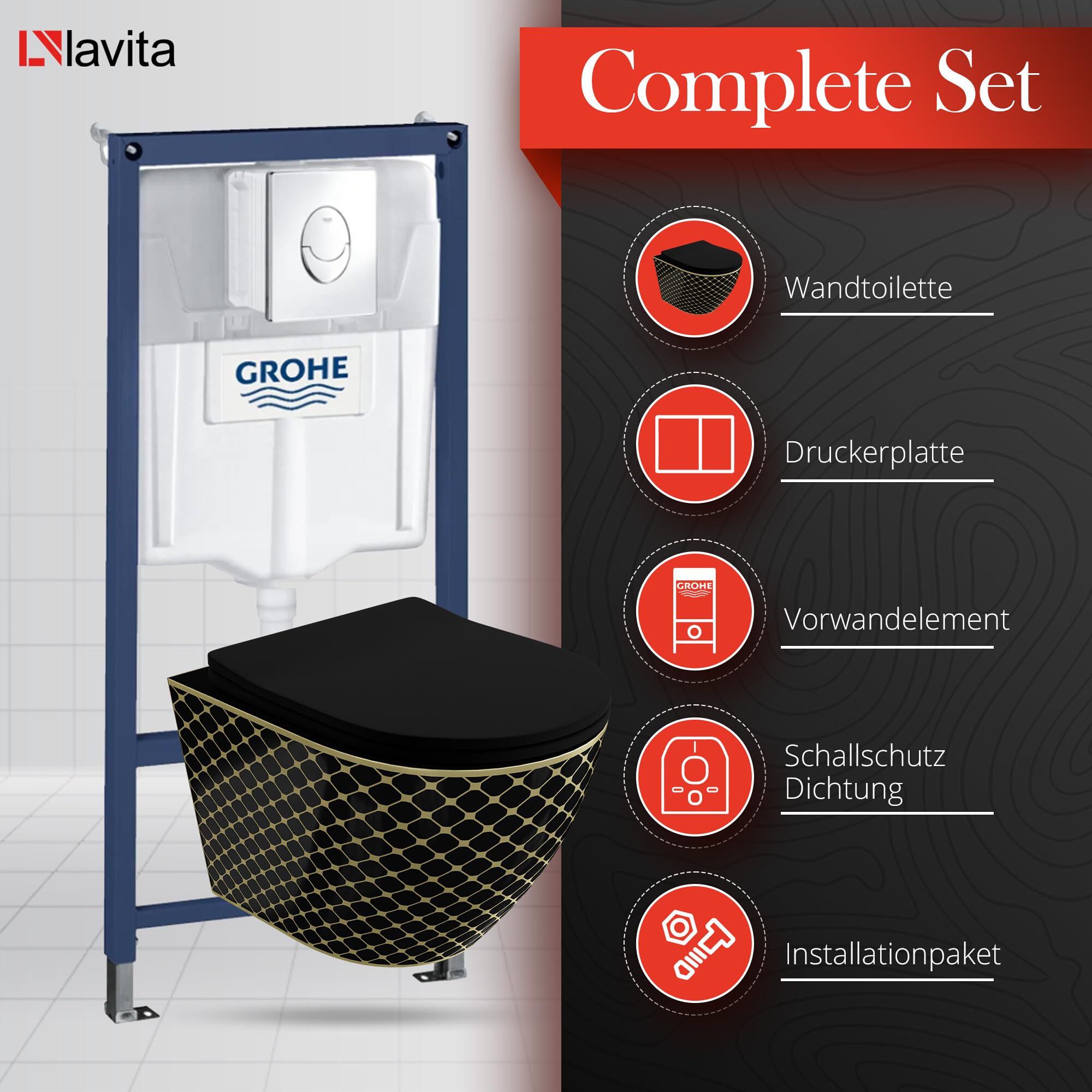LAVITA | Vorwandelement Solido Start + Wand Hänge WC Sofi Slim Black Night Spülrandlos + WC-Sitz SoftClose |Verchromter Knopf | Komplettset | Unterputz Spülkasten | Toilette Komplett Sett |
