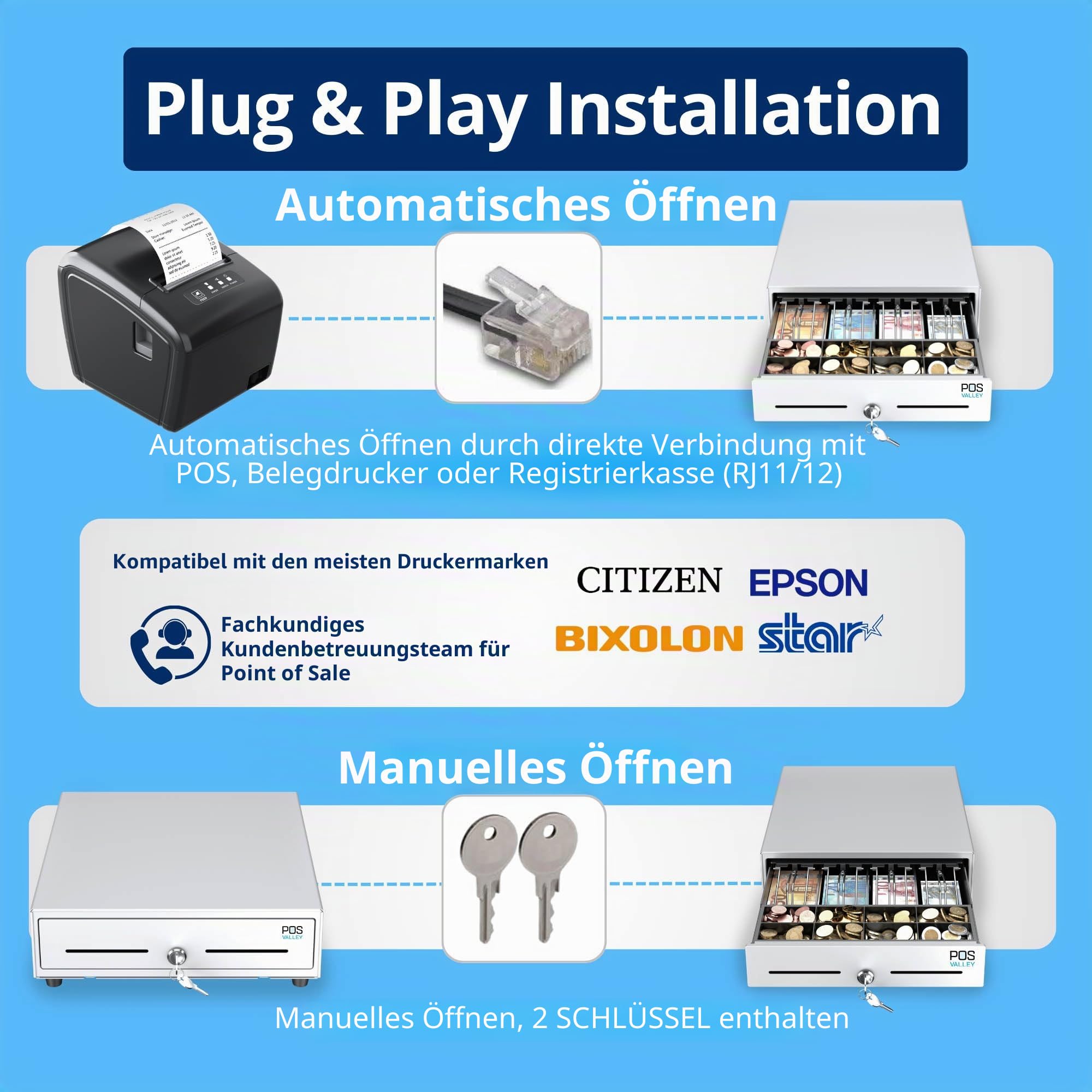 Mini-Registrierkassenschublade RJ11 automatische Öffnung Schlüssel 33 x 33 cm weiß