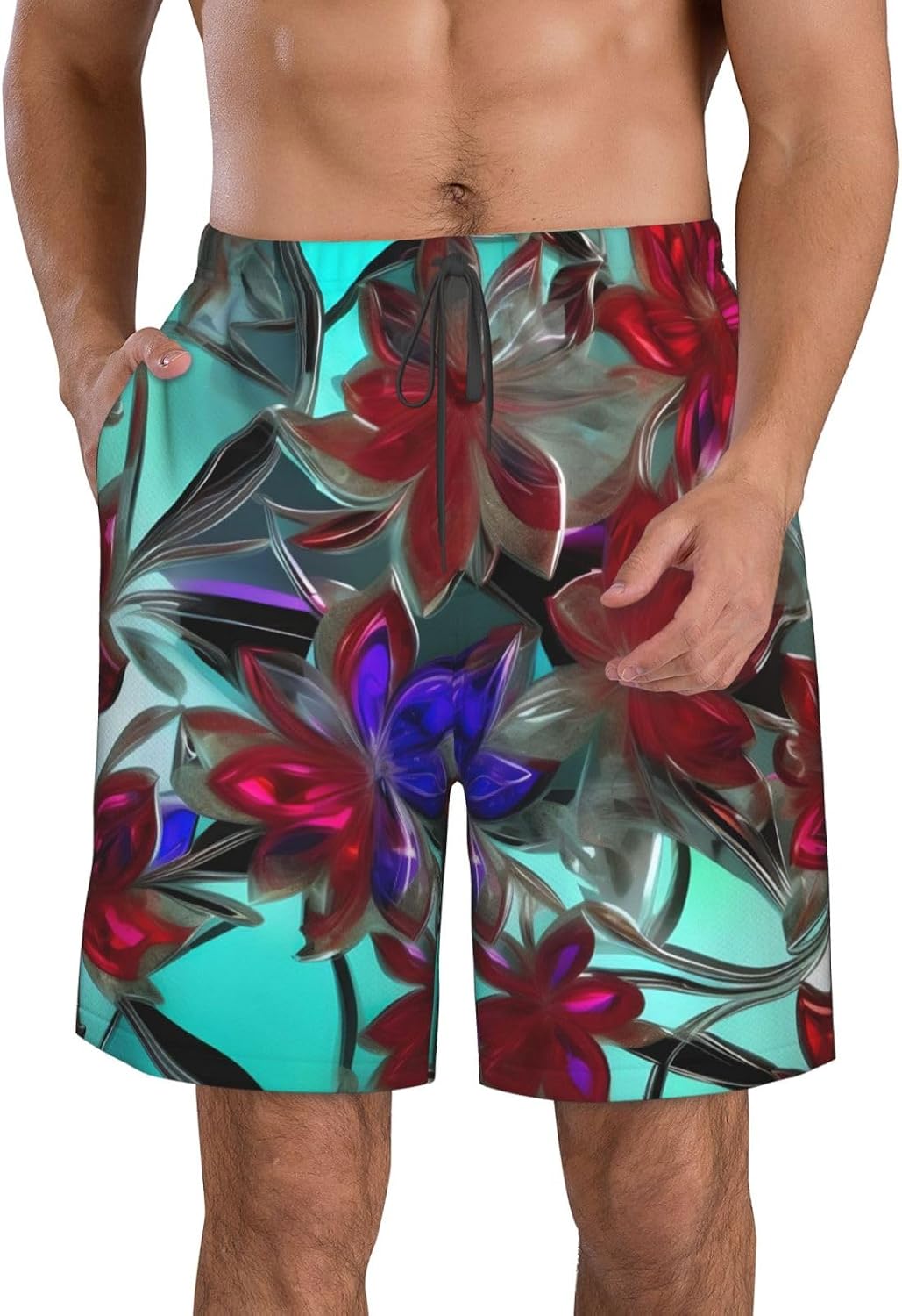 Flower Stained Glass Print Men's Quick-Drying Shorts Casual Beach Pants Stretch Waist Shorts and Pockets