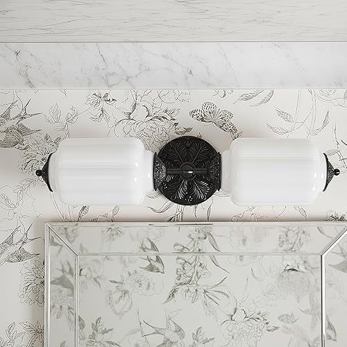 Vintage Milk Glass Bathroom Vanity Light - 2-Light Wall Sconce with Brass Finish Base & Green Glass Shade - Wall Sconce Lighting for Mirror,