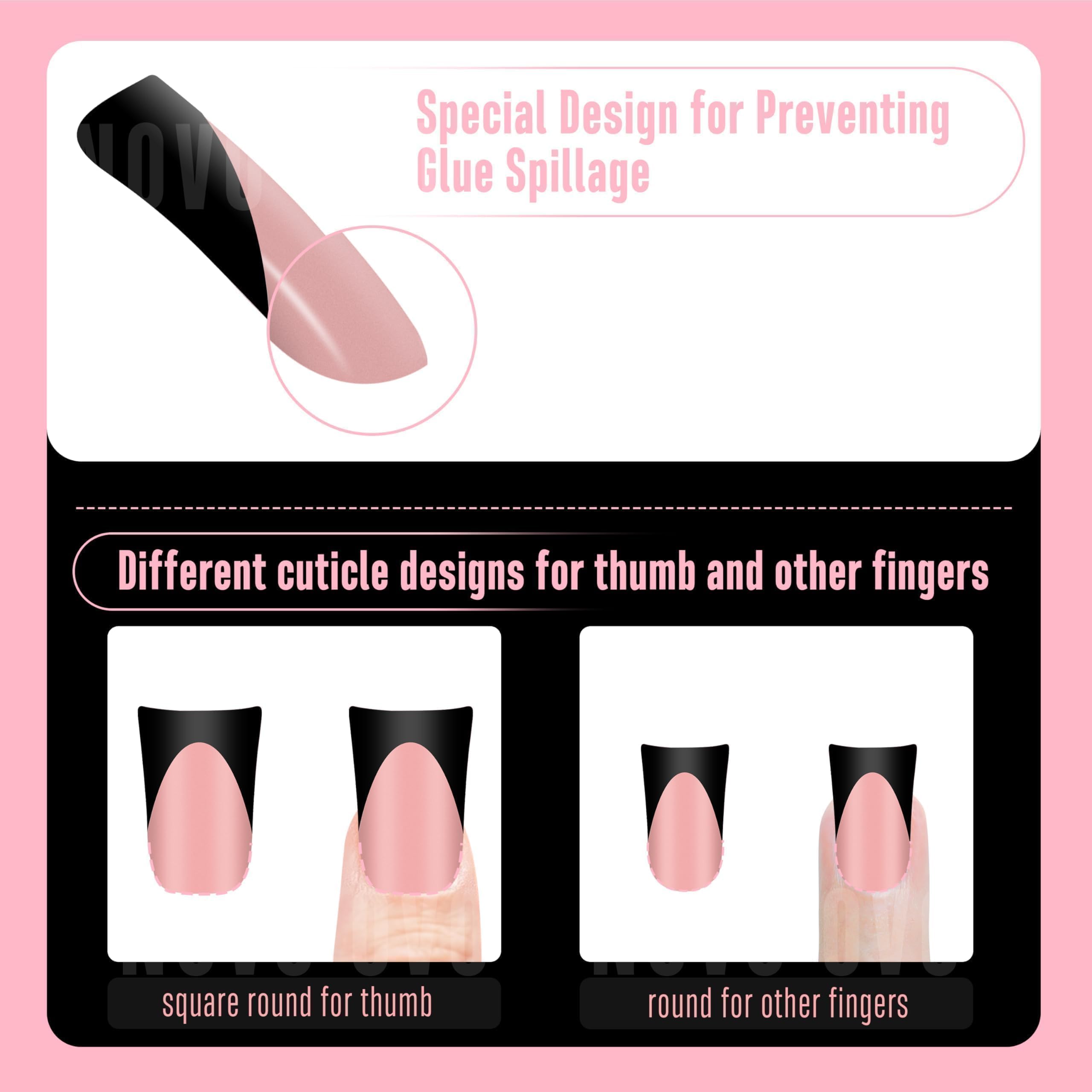 NOVO OVO Halloween Black French Tip Short Duck Nail Tips Press on, BABY PINK Pre-designed Soft Gel Nail Extension - Image 4
