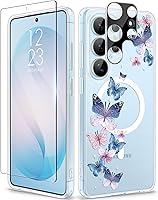Vista 89 de GVIEWIN Funda protectora para Samsung Galaxy S25, transparente floral, delgada, a prueba de golpes, para mujer, no se pone amarilla, con protector