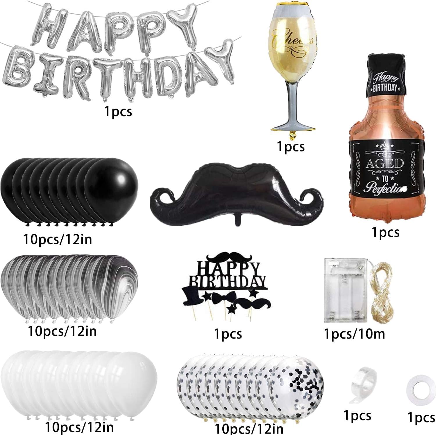 39-teiliges Geburtstagsdeko Set - Folienballon Sektflasche Schwarz Weiß Gold