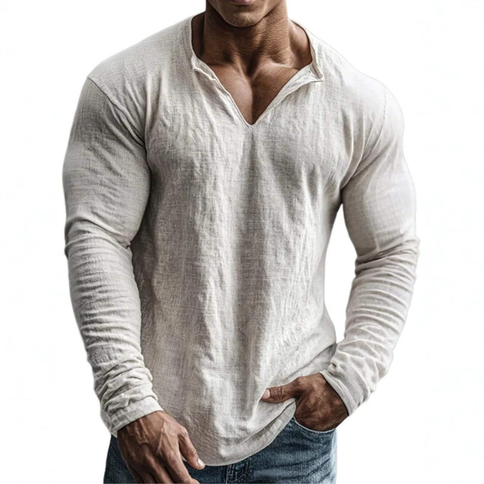 GFZMF Męska koszulka z długim rękawem - Smukły krój V Neck Gym Casual