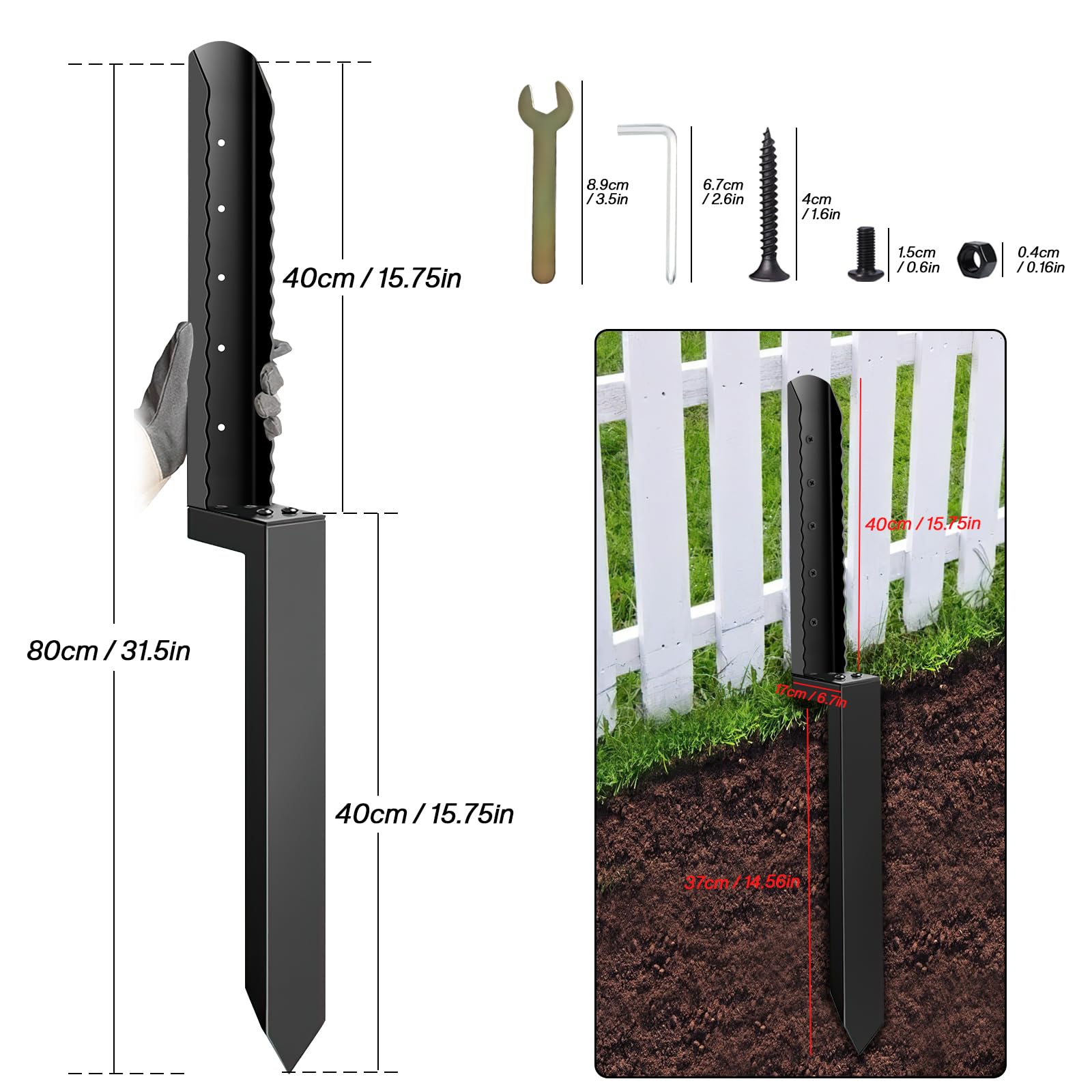 1 PCS Kit de Réparation de Poteaux de Clôture épais, Support de Poteau en Acier Robuste pour poteaux de Clôture en Bois inclinés ou cassés 80 * 40 cm - Noir