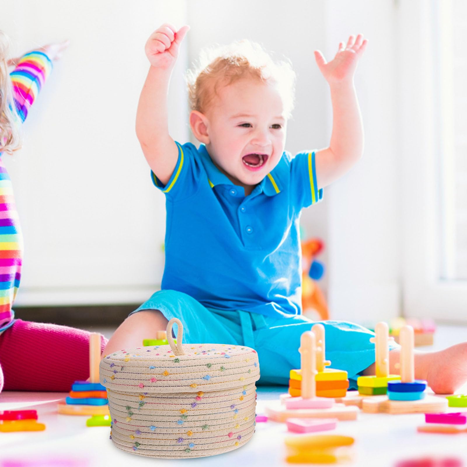 Vaguelly Cestini Intrecciati Organizer Multiuso Set 2 Pezzi in Corda di Cotone Semplice e Pratico Contenitore da Tavolo per Giochi e Snack Coperchio per Casa