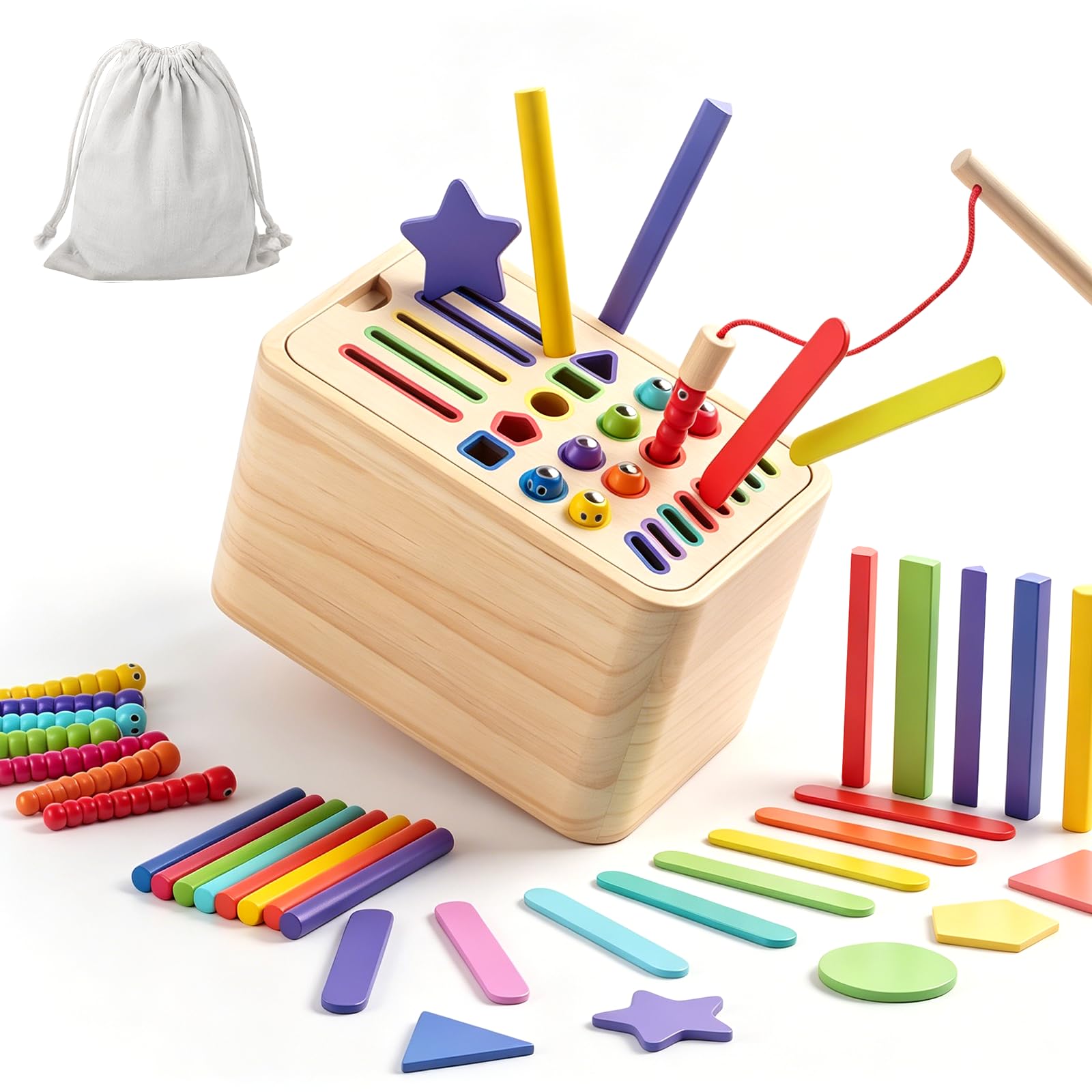 KASURE Montessori Wooden Toddler Travel Toys for 1 2 3 Year Old Boys Girls, 5 In 1 Color Montessori Toys Educational Stocking Fillers Color Sorting Wooden Learning Toys for Boys Girls