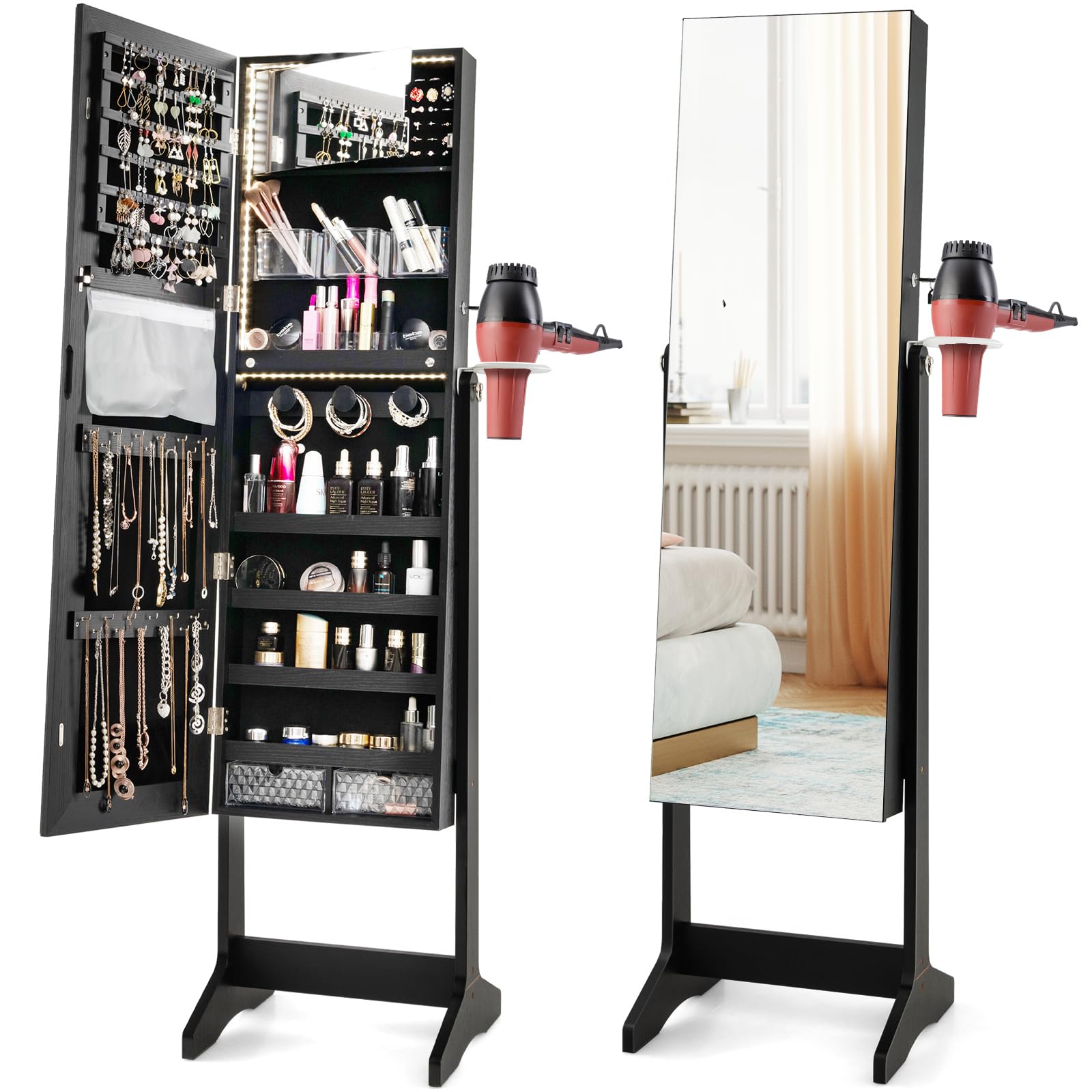 COSTWAY LED Lights Jewellery Cabinet, Floor Standing Lockable Jewelry Armoire with Full Length Mirror and Hairdryer Mount, Cosmetics Makeup Storage Organiser Unit (Black, with Lights Control Button)