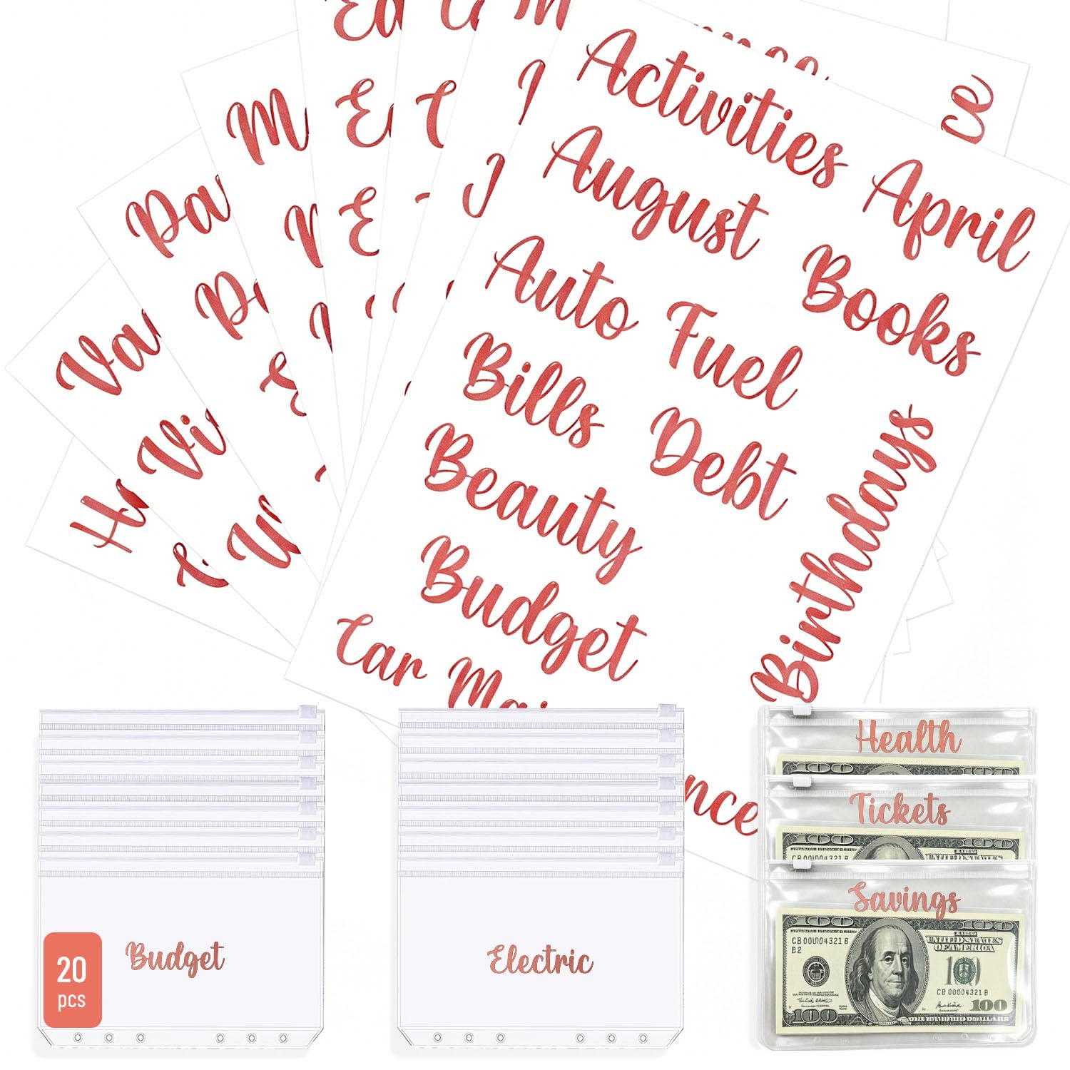 A6 Cash Budget Binder Label Set, Mageeki Money Organizer for Cash, 20 Pcs Zipper Envelopes & 80 Pcs Preprinted Sticky Stickers, Money Saving Binder for Budgeting