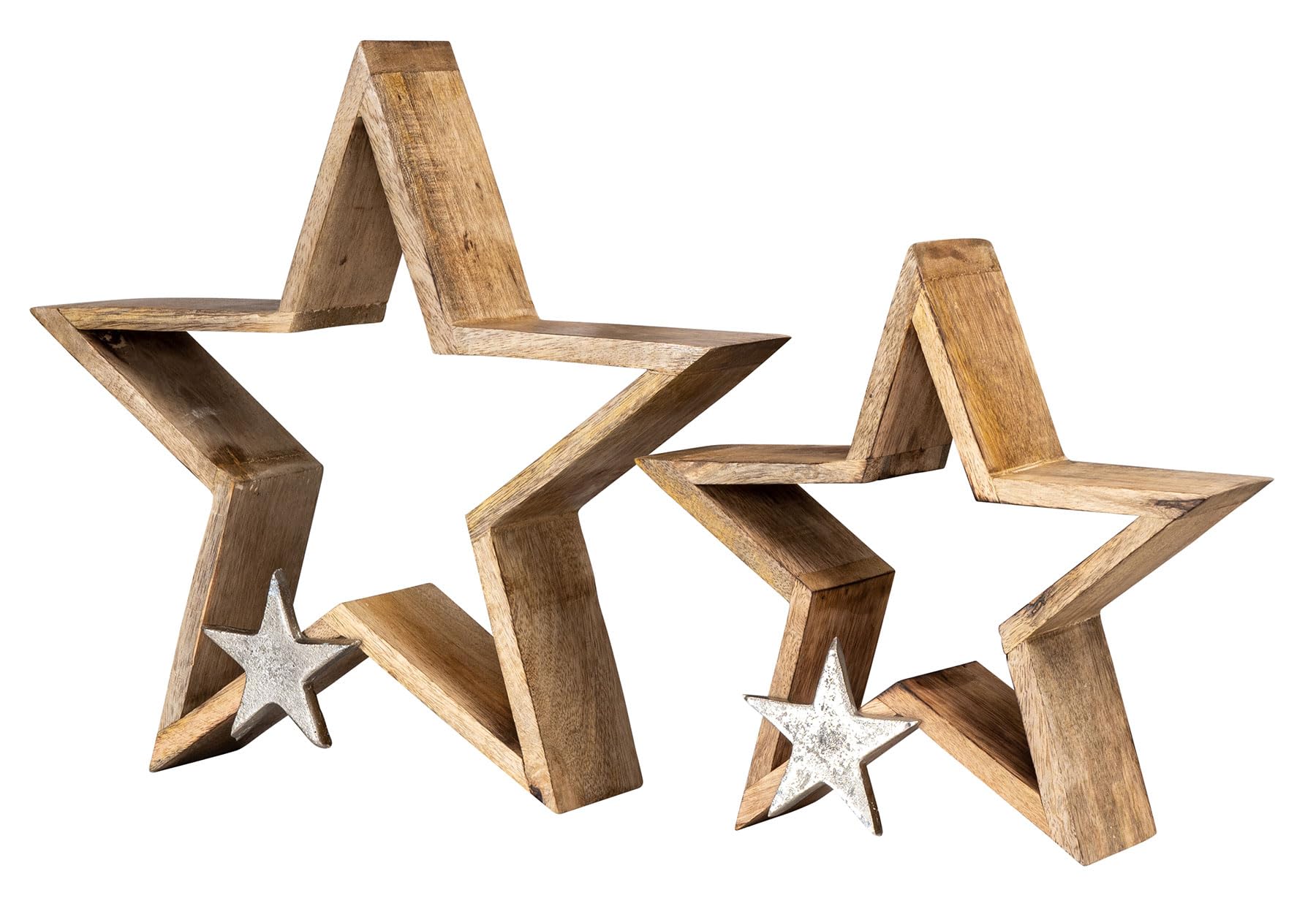 levandeo 2er Set Sterne 25-33cm Mango Holz Natur Braun Silber Weihnachtsdeko Tischdeko Dekoration Deko Aufsteller Weihnachten Wohndekoration Geschenk