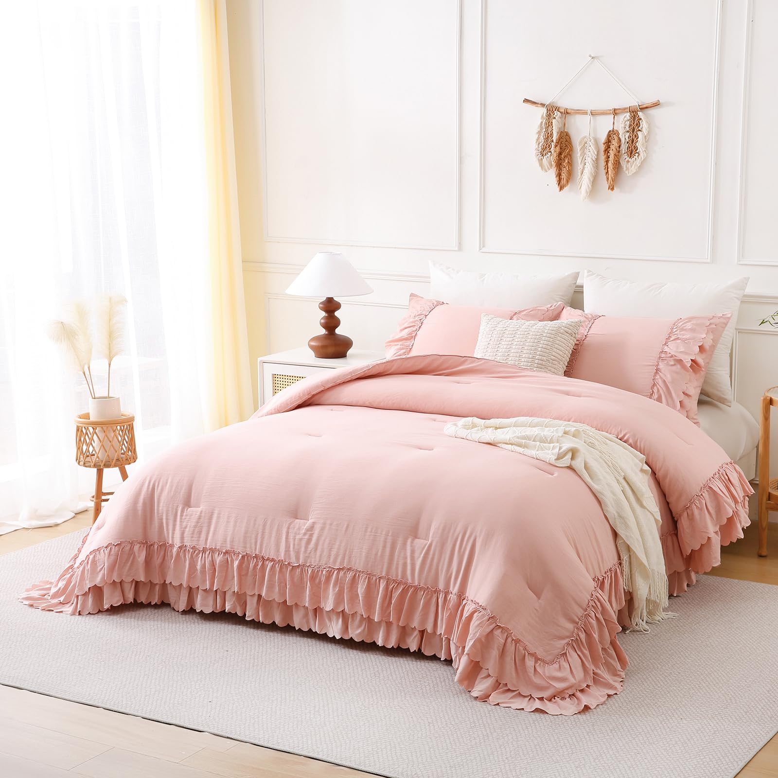 Herside Girls Pink Bedding Set King Size Boho Ruffled Duvet Cover Set 3 Pieces Ultra Soft Microfibre Quilt Cover Rustic Chic Bedding Cover Cute Home Decor Quilt Cover - Image 2