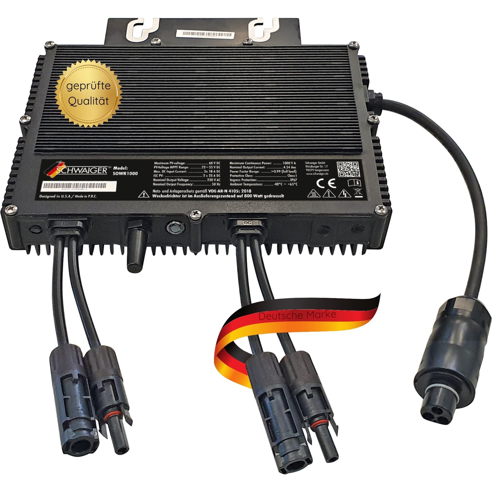 SCHWAIGER Inversor de 1000 W I para centrales eléctricas de balcón y sistemas solares I para convertir corriente continua a corriente alterna I convertidor de voltaje para fotovoltaica I controlable
