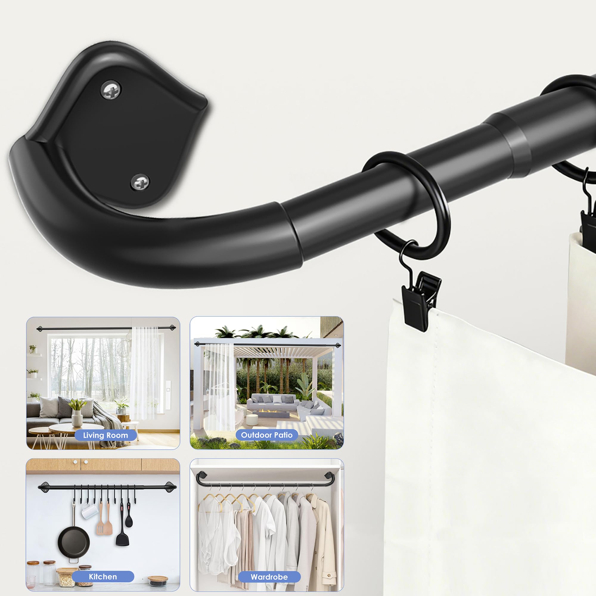 Wrap Around Curtain Rods for Windows Adjustable 28-56 Inch - Curved Light Gap Blocking, 90% Blackout Room Darkening, Heavy Duty 5/8" Matte Black Curtain Rod (Easy Install Hardware Included)