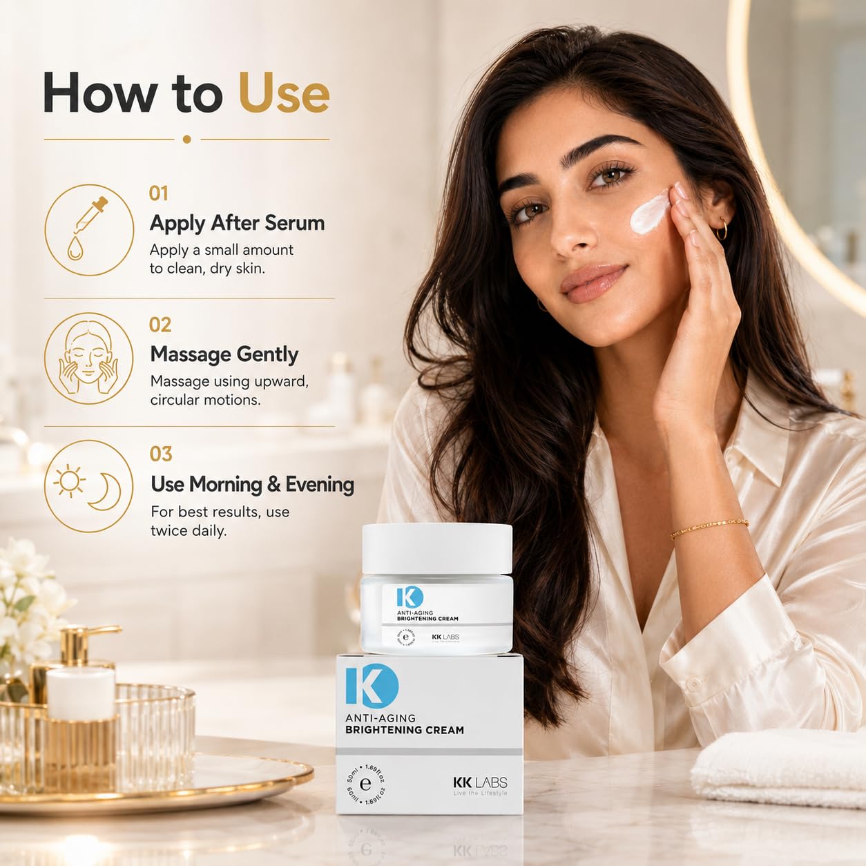 KK Labs Anti-Aging Brightening Face Cream 50ml - Daily Moisturiser to Improve the Look of Fine Lines and Uneven Tone for a Brighter, Smoother, More Radiant Complexion, Men and Women