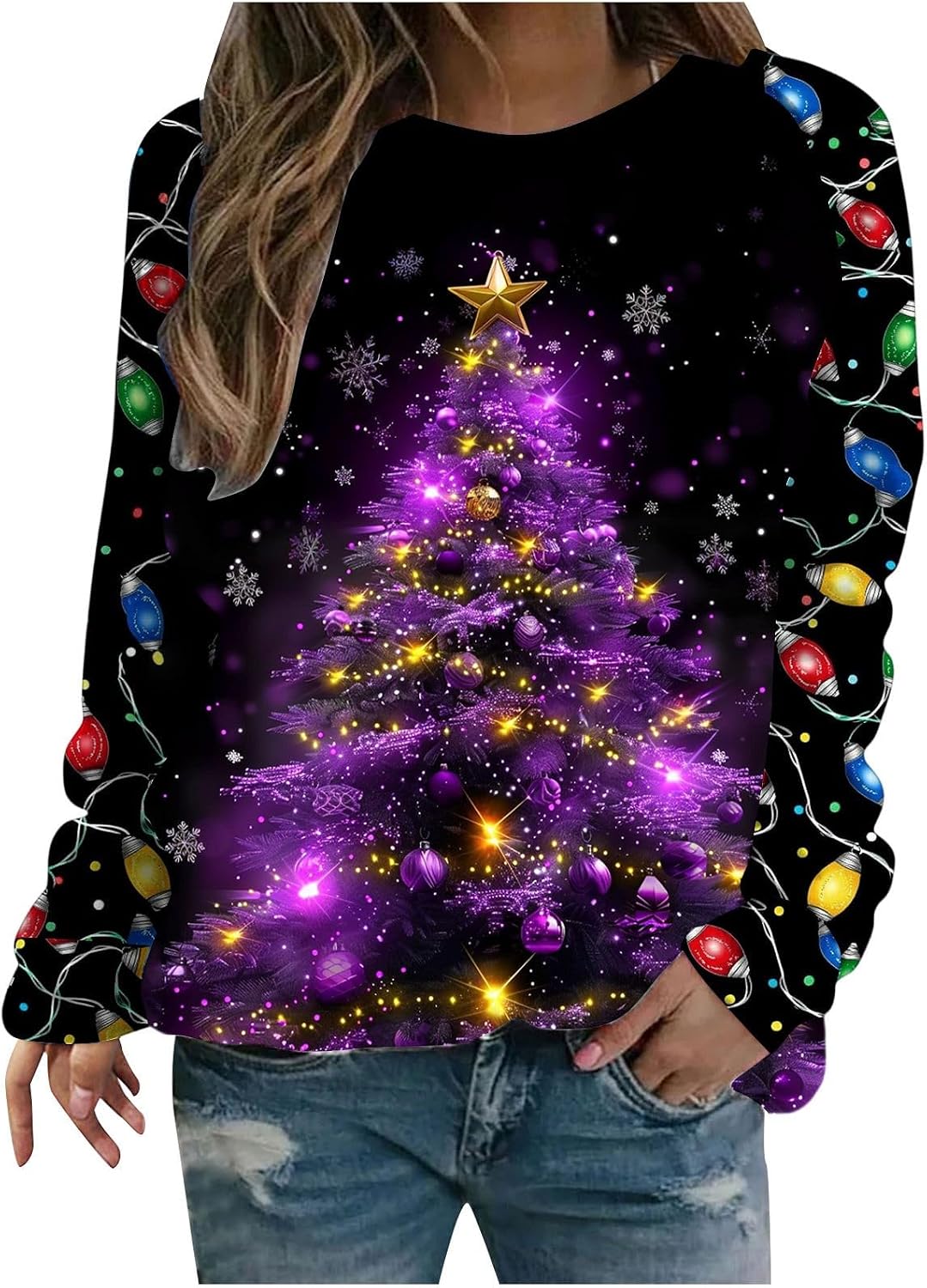 Christmas Sweatshirts for Women Oversized Long Sleeve Crewneck Shirts Cute Xmas Holiday Graphic Pullover Top