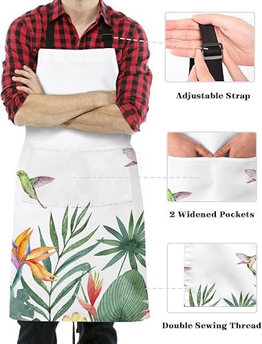 Miniatura 3 de Pastoral Botanical Bib Aprons with Pockets Waterproof, Adjustable Apron for Men Women Summer Tropical Plants Palm Leaves Birds