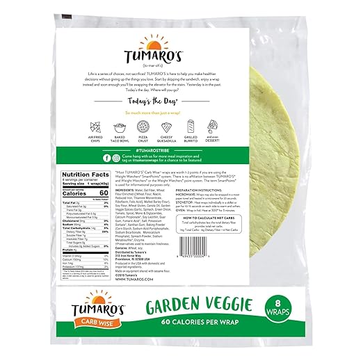Tumaros Low-In-Carb Wraps - Garden Veggie - 8" - Case of 6 - 8 ct.