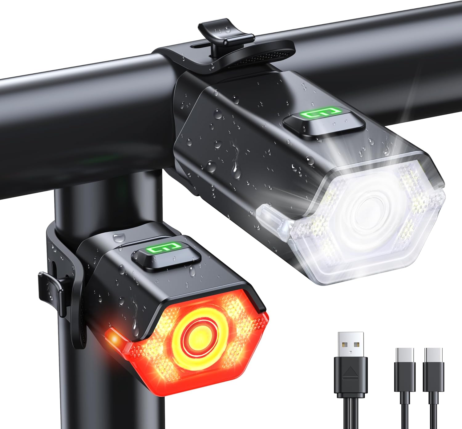 WOCBUY Bike Lights, 3+6 Modes Bike Lights Front and Back with Side Warning Light, Rechargeable & IP65 Waterproof Bicycle Light, Bike Headlight and Rear Light for Road Mountain Cycling, Easy to Install