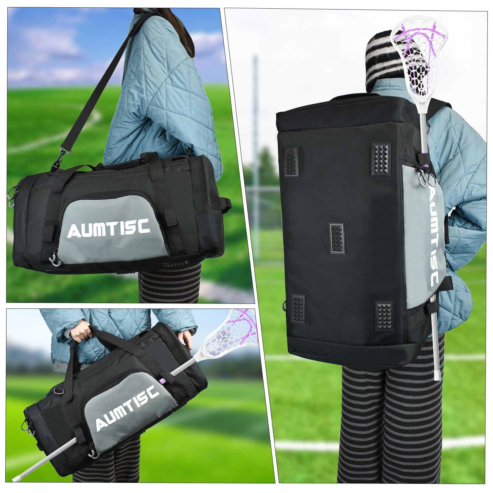AUMTISC Sac de crosse, peut être utilisé comme sac à dos ou sac de sport, 2 supports de bâtons et compartiment séparé à crampons, grande capacité de 75 l pour contenir tous les équipements de crosse