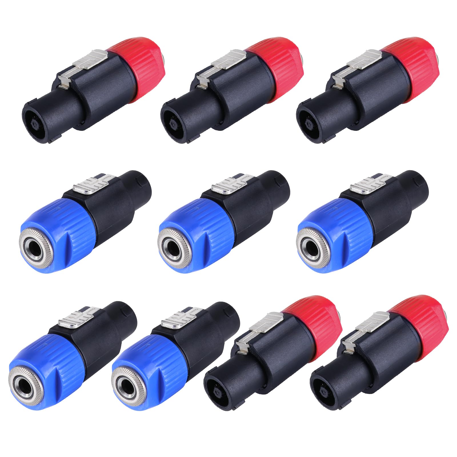 HBU Pack of 10 Speakon to 1/4 Inch Adapter - 5pcs Red & 5pcs Blue Connector - Pro Speak-On to 1/4" TS Mono Jack Converter with Twist Lock (10-Pack)