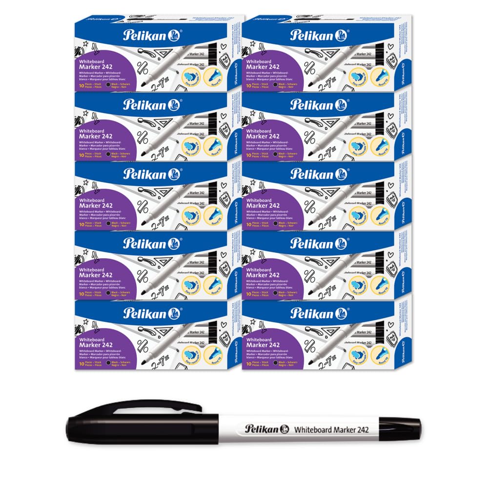 Pelikan Whiteboard Marker Pens 242, Black, Fine 1 mm Tip, Dry Erase Markers with Cap-Off Ink, Pack of 100