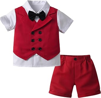 Boarnseorl Baby Boys Shorts Sets, Infant Shirt+Shorts+Bow Tie+Vest Outfits Suits