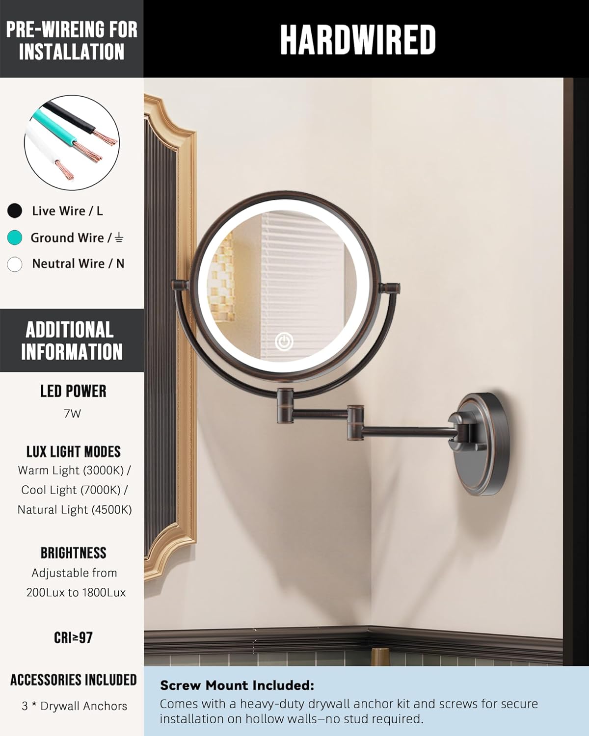 10" Brass Large Wall Mounted Makeup Mirror with Lights, 3 Color LED Touch Dimming Extended Arm, 1X/5X Double-Sided Magnifying Vanity Mirror for Bathroom, Hard Wired Oil Rubbed Bronze