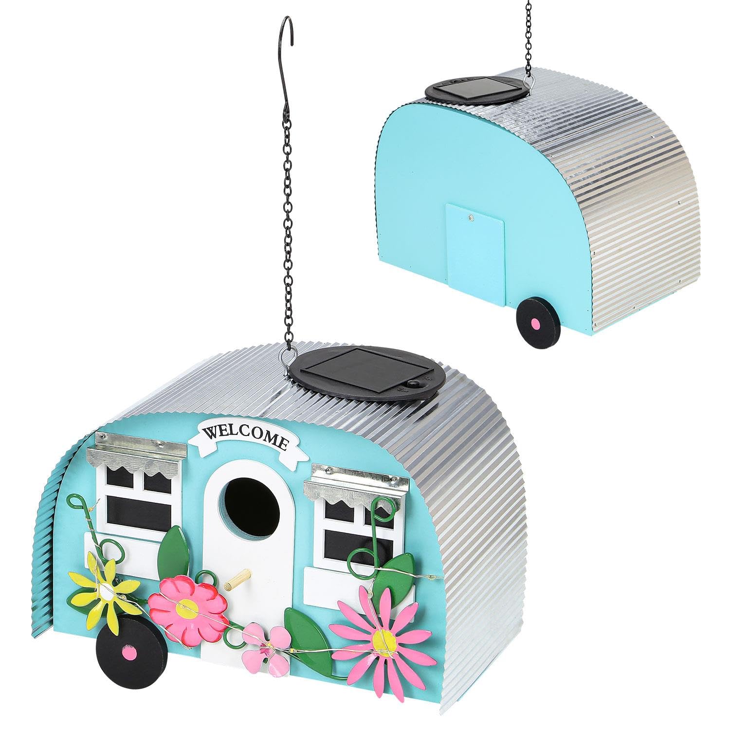 LIVHOME Metal Caravan Bird House with LED Solar Lights, Colorful Nesting Box for Outdoor Garden Decor