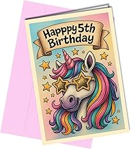 Unicorn 5th Birthday Card for Girls – Cute Children’s Greeting Card with Envelope – Rainbow Unicorn and Stars Design – Special Happy 5th Birthday Card #1940
