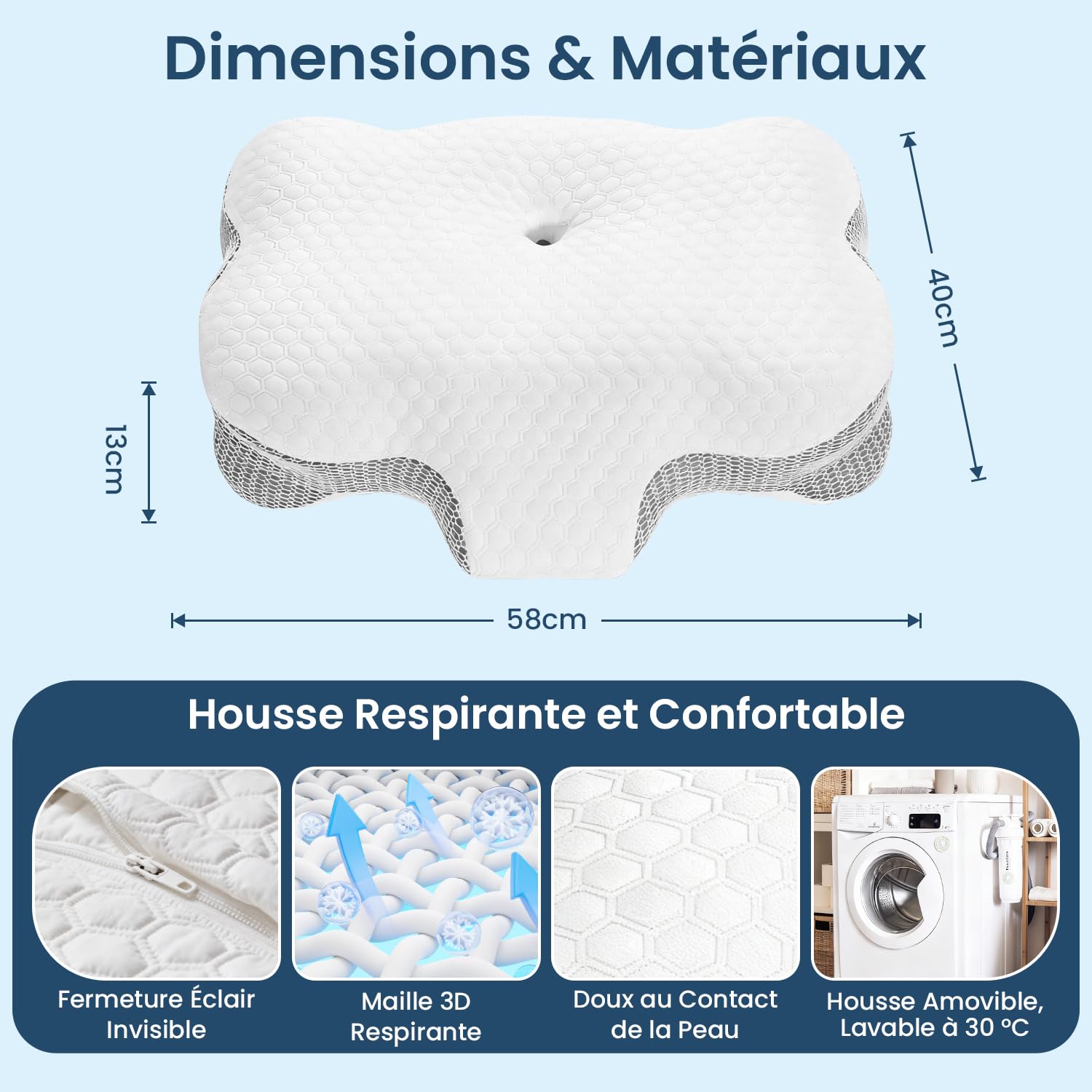 Oreiller Ergonomique Cervical pour Dormir - Oreiller Orthopédique en Mémoire de Forme, Soutien de la Nuque Latéral et Dorsal, Housse Déhoussable et Lavable, 58×40×10/13 cm