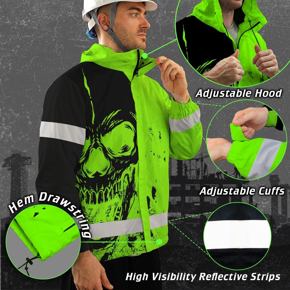 Maddly High Visibility Jacket, Waterproof Reflective Hi Vis safety Jacket with Hood for Men, Women, Outdoor Worker, Trucker