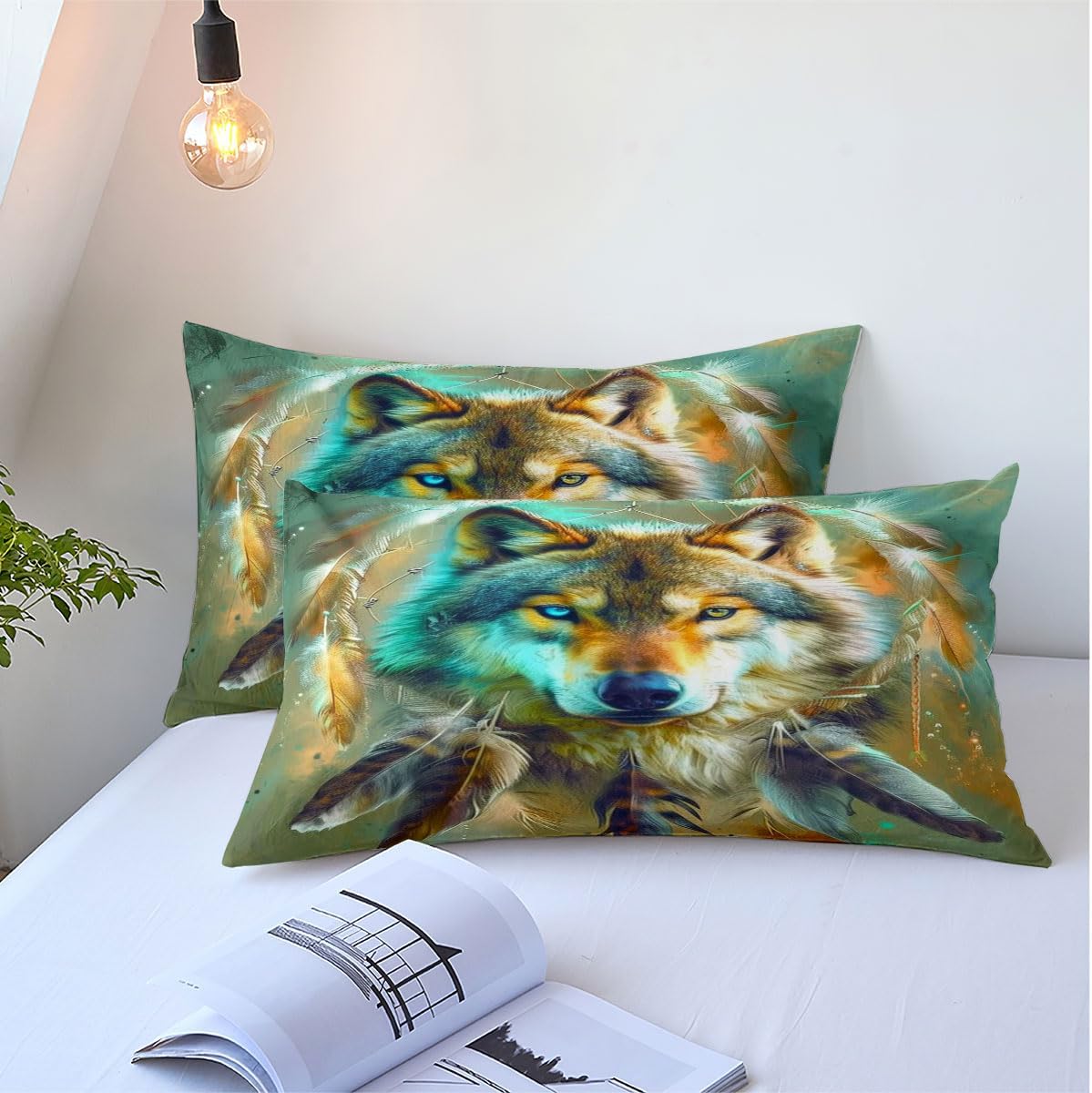 Full Comforter Safari Animals Bedding Set Aztec Tribal Feather Down Comforter for Girls Boys Kids Adults Dream Catcher Wolf Bedding Sets Bohemian Soft Microfiber Bed Set for All Seasons