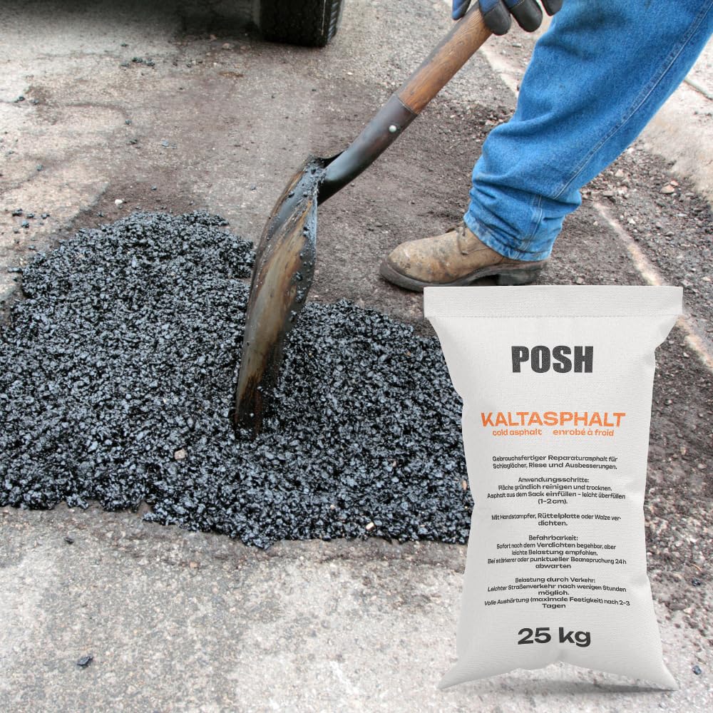 POSH Asfalto en frío 10 x 25 kg – Reparación de grietas de asfalto listo para usar – con un grano de 0 – 8 mm – Pintura bituminosa – Uso universal