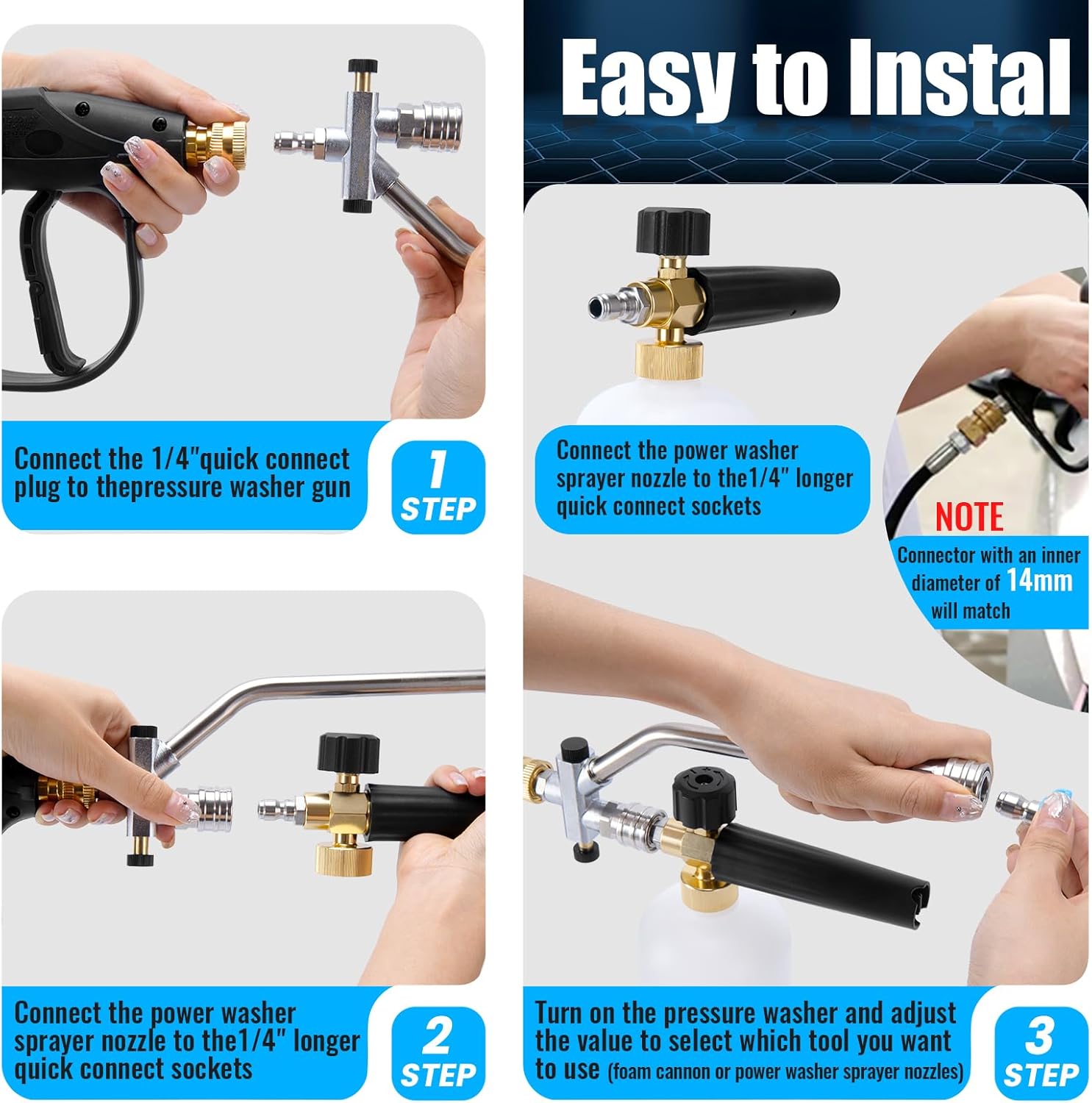 Foam Cannon Dual Connector Accessory/Foam Cannon Dual Tech, Dual Connector Foam Cannon for Pressure Washer. 1/4" Quick Connect, M22, 4000 PSI, 1.5L Tank + 7 Nozzles - Car, Home & Outdoor Cleaning