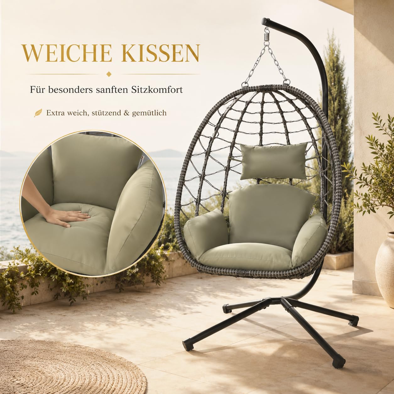 Hängesessel mit Gestell höhenverstellbar Indoor & Outdoor inkl. Kissen - Korbhängesessel bis 150 kg Garten Schaukel aus Polyrattan faltbar ergonomisch - Wohnzimmer Balkon Terrasse in Grün/Grau