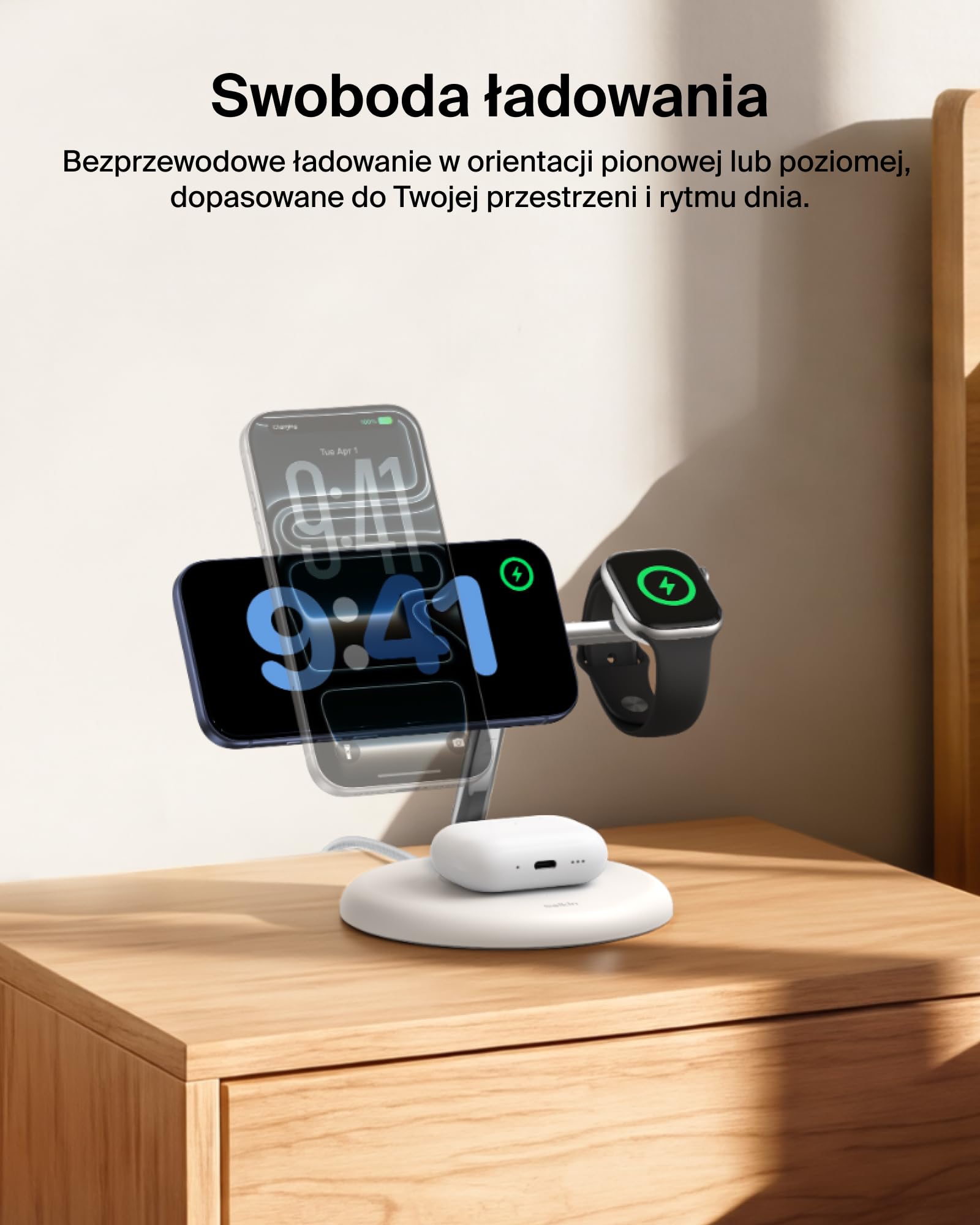 Belkin UltraCharge Bezprzewodowa Stacja Ładująca 3 w 1 z Qi2, 25 W – Biała | Zgodna z MagSafe Ładowarka do Urządzeń iPhone, Apple Watch i Słuchawek, Certyfikat Qi2.2, z Kablem USB-C i Zasilaczem 45 W