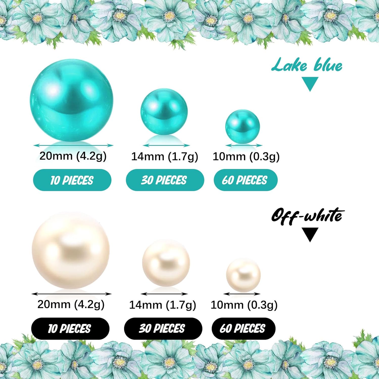 200 PCS Teal White Vase Fillers, Pearls Bead for Centerpieces Vases, 10/14/20 MM No Hole Beads, Fake Pearls for Wedding Birthday Anniversary Theme Party Table Centerpieces Decor - Image 2