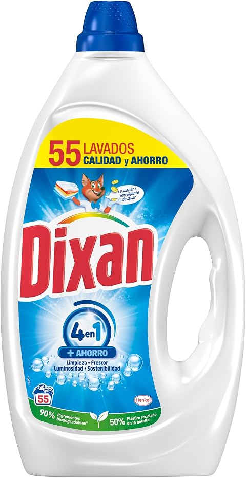 Dixan Gel Total+ 4 en 1 (1 x 2475 ml), detergente lavadora líquido para ropa clara y blanca, detergente con gran poder quitamanchas ropa, sensación de frescura, 55 lavados