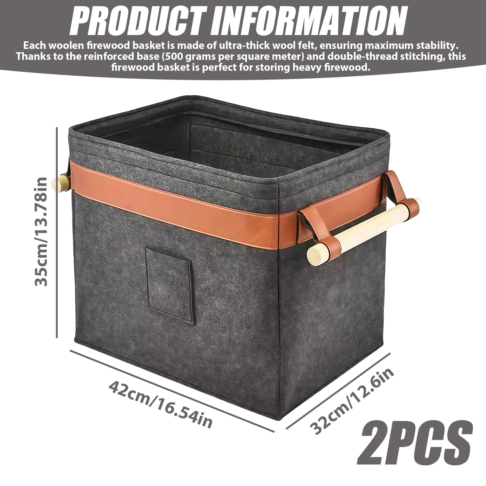 Lot de 2 paniers en feutre pour bois de chauffage 42x32x35 cm gris foncé