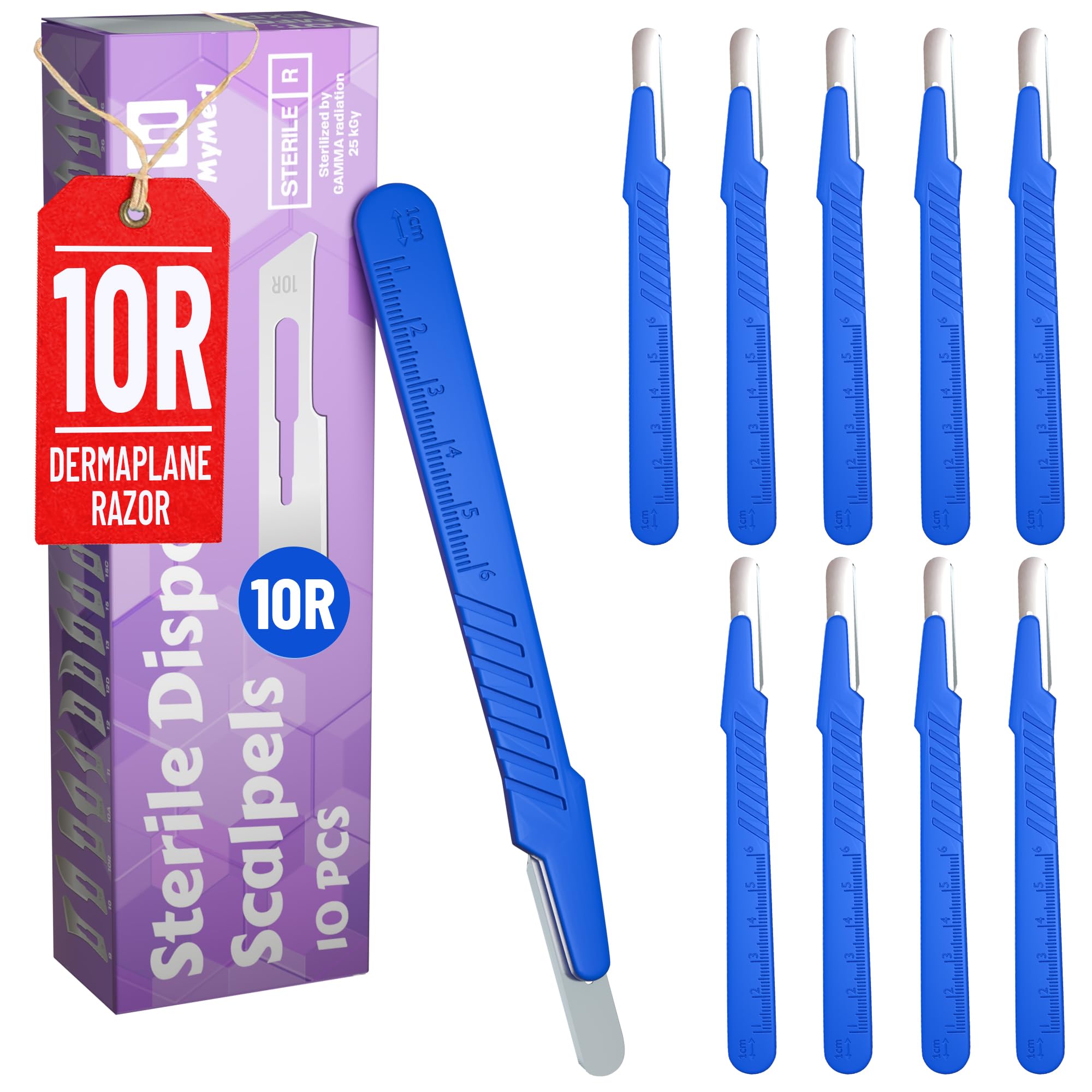 MyMed Disposable 10r Blades Dermaplaning Scalpels - Pack of 10 Dermaplane Blades Scalpel 10r, Size 10r Scalpel Blades, High Carbon Steel Dermaplane Razor 10r Disposable Scalpels, Sterile